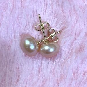 14K Yellow Gold Plated Natural Pink South Sea Pearl Stud Earrings 9-10 mm